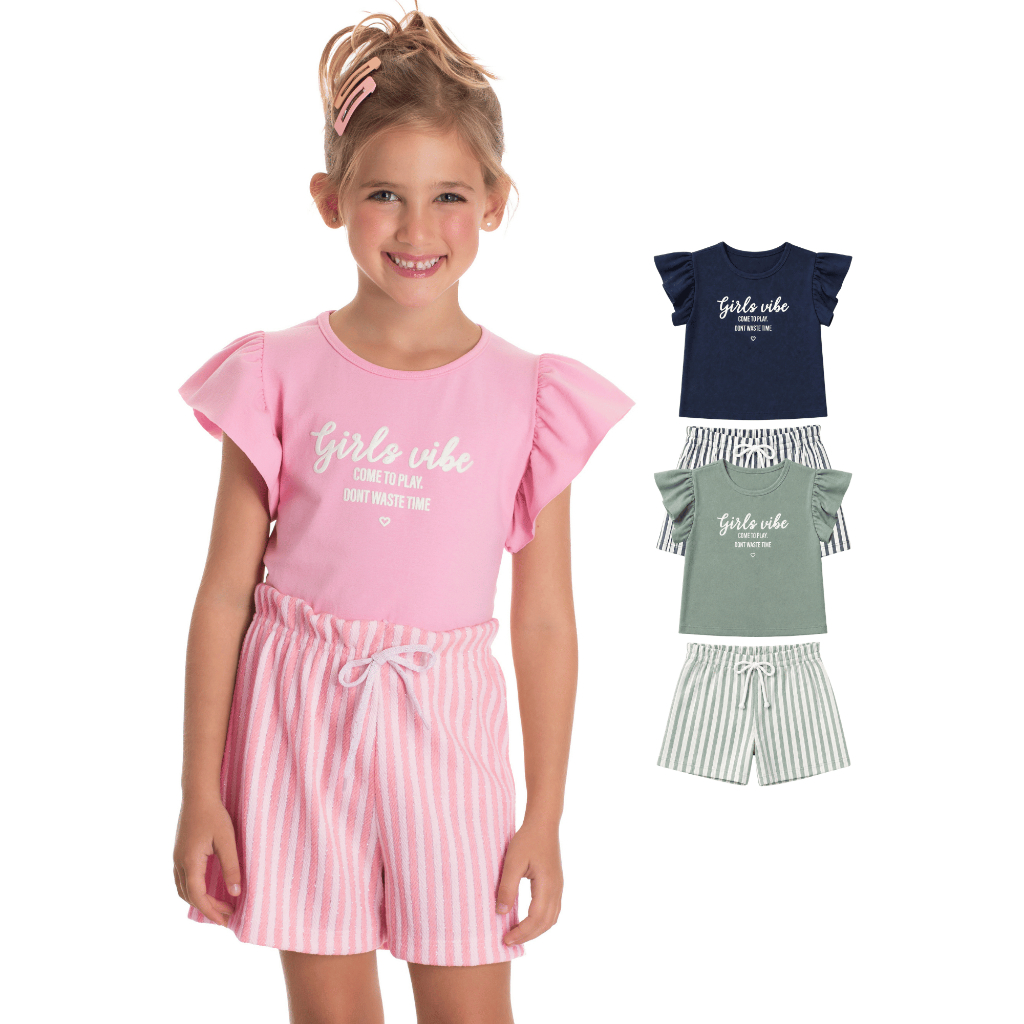 Conjunto Infantil Feminino Blusa Manga Franzida Algodão Bermuda Moletinho Ecológico Tamanho 4 6 8
