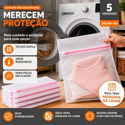 Kit 5 Sacos para Lavar Roupas na Máquina Saquinho Protetor 30x40 cm Tecido Reforçado Roupas Delicadas Lingerie