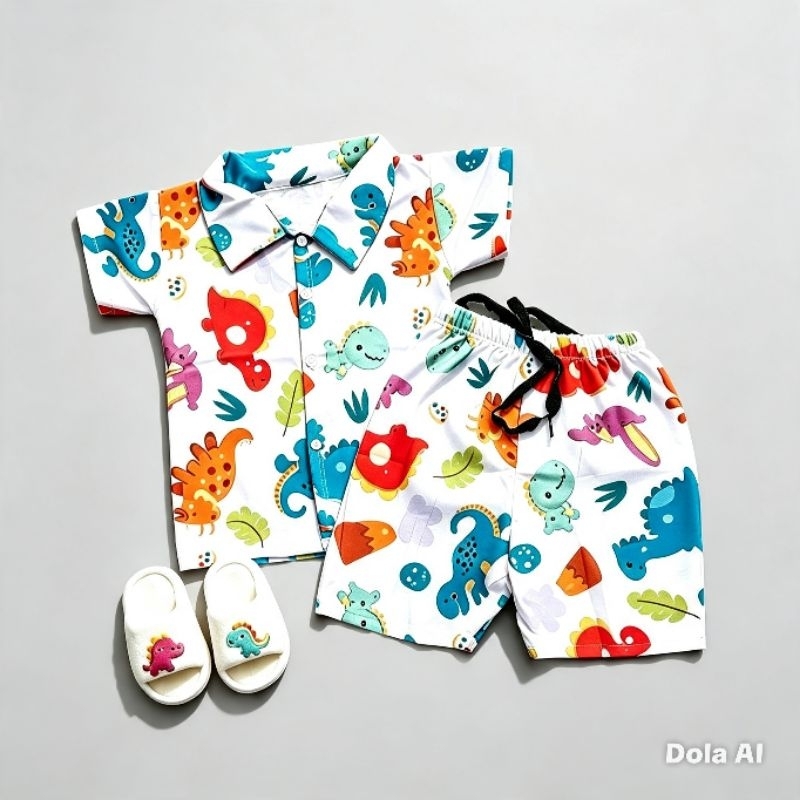 Conjunto Dinosauro Infantil Masculino Camisa Social Estampa Dinossauro + Bermuda Verão Menino Moda Blogueirinho