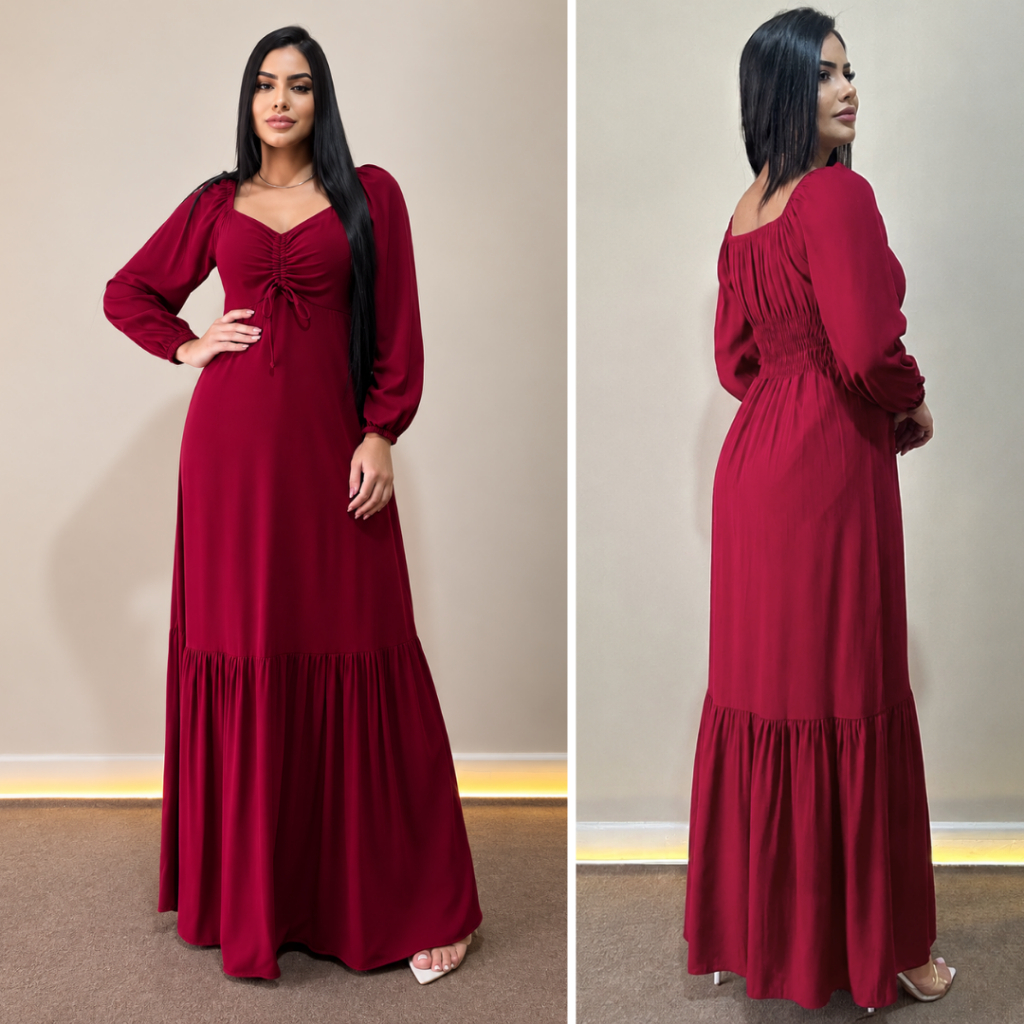 Vestido Feminino Longo Manga Longa Lastex Amarração Elegante Modesto Moda Evangelica Tecido Viscolinho
