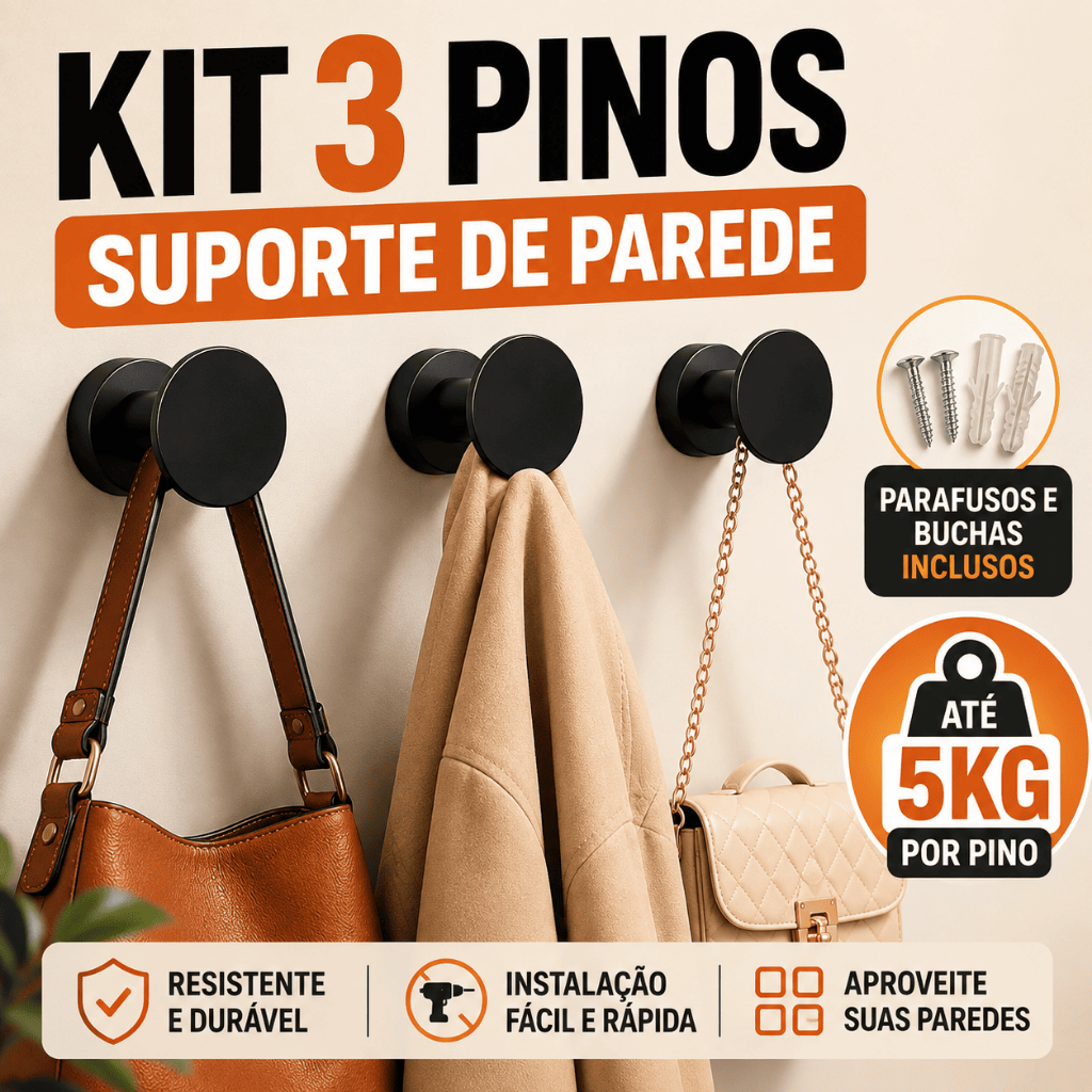 Kit 3 Pinos Cabideiro Suporte Parede Para Roupa Espelho e Bolsas Decorativo Até 5kg