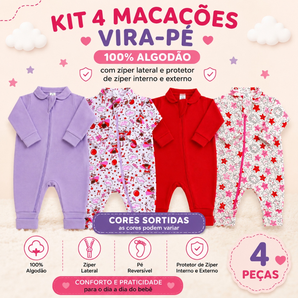 Conjunto infantil menina macacões vira pé com zíper CORES SORTIDAS 100% algodão menina bebê liso estampado