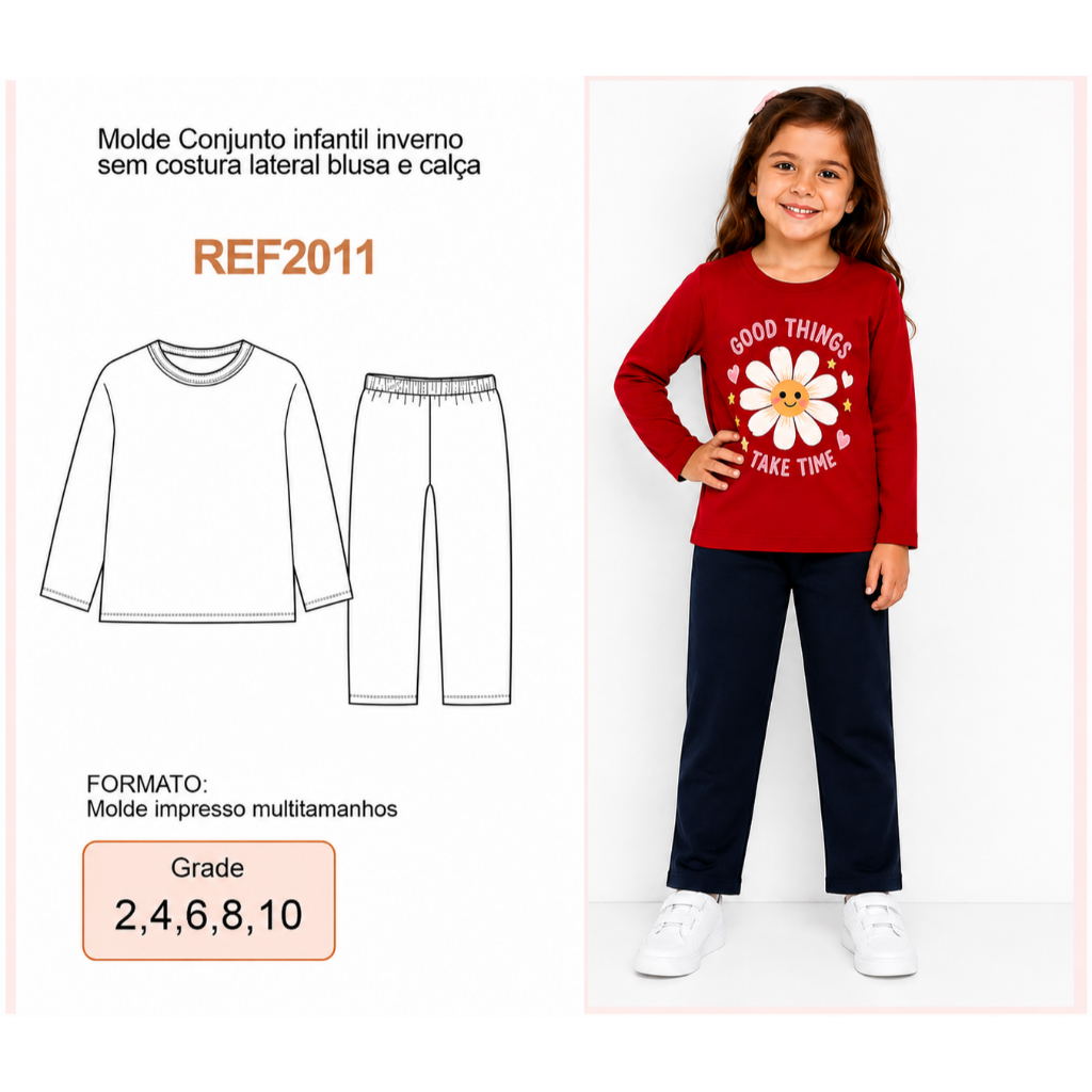 REF2011 Molde Conjunto Infantil Inverno Sem Costura Lateral Multitamanhos 2 a 10 Anos