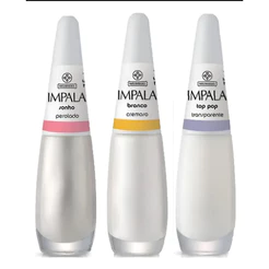 Impala Top Pop Transparente 7,5 ml/Sonho Perola 7,5 ml/Branco Cremoso 7,5 ml/Verniz extra brilho 7,5ml