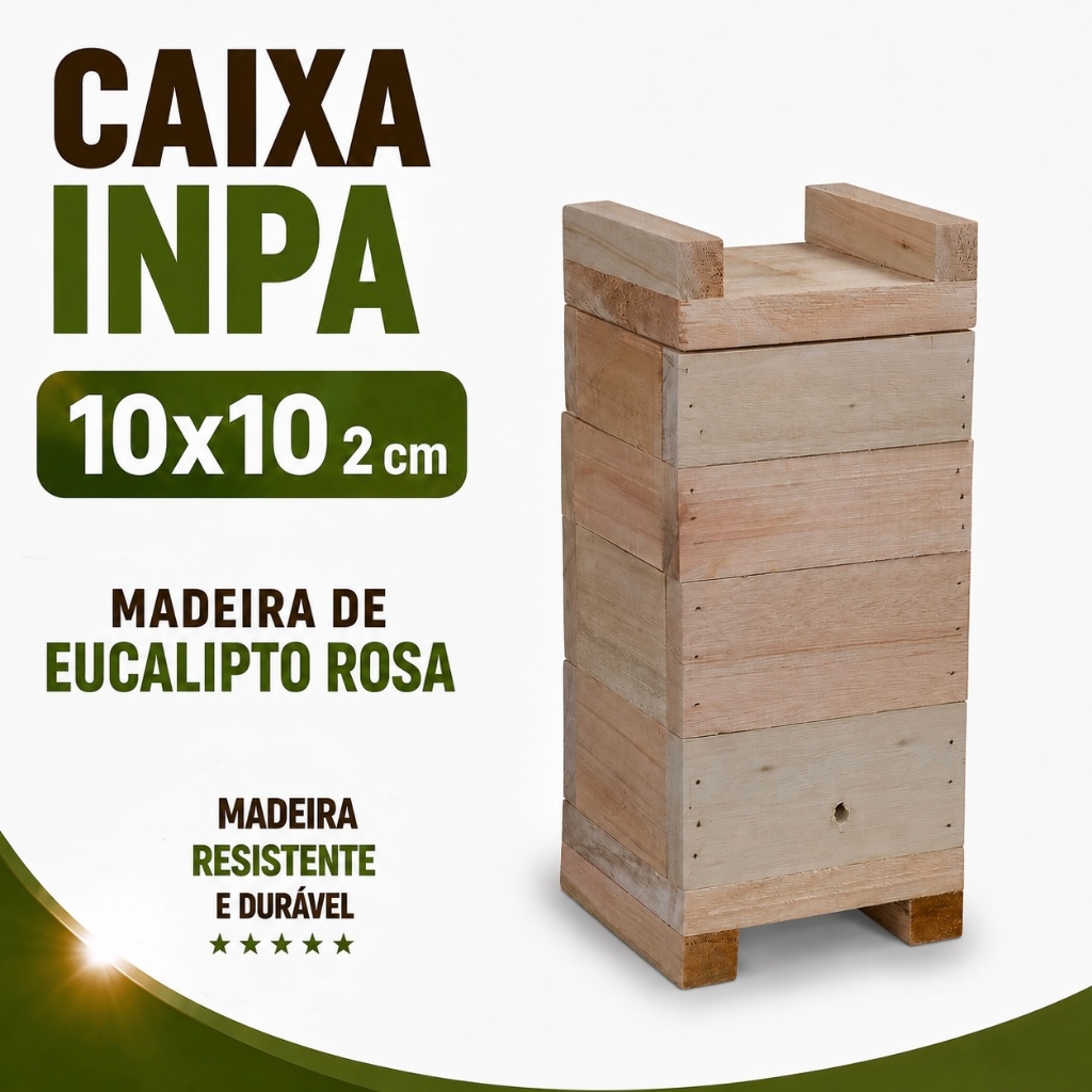 Caixa para Abelhas Sem Ferrão modelo INPA 10x10 2cm Jataí, Mirim, Em Eucalipto