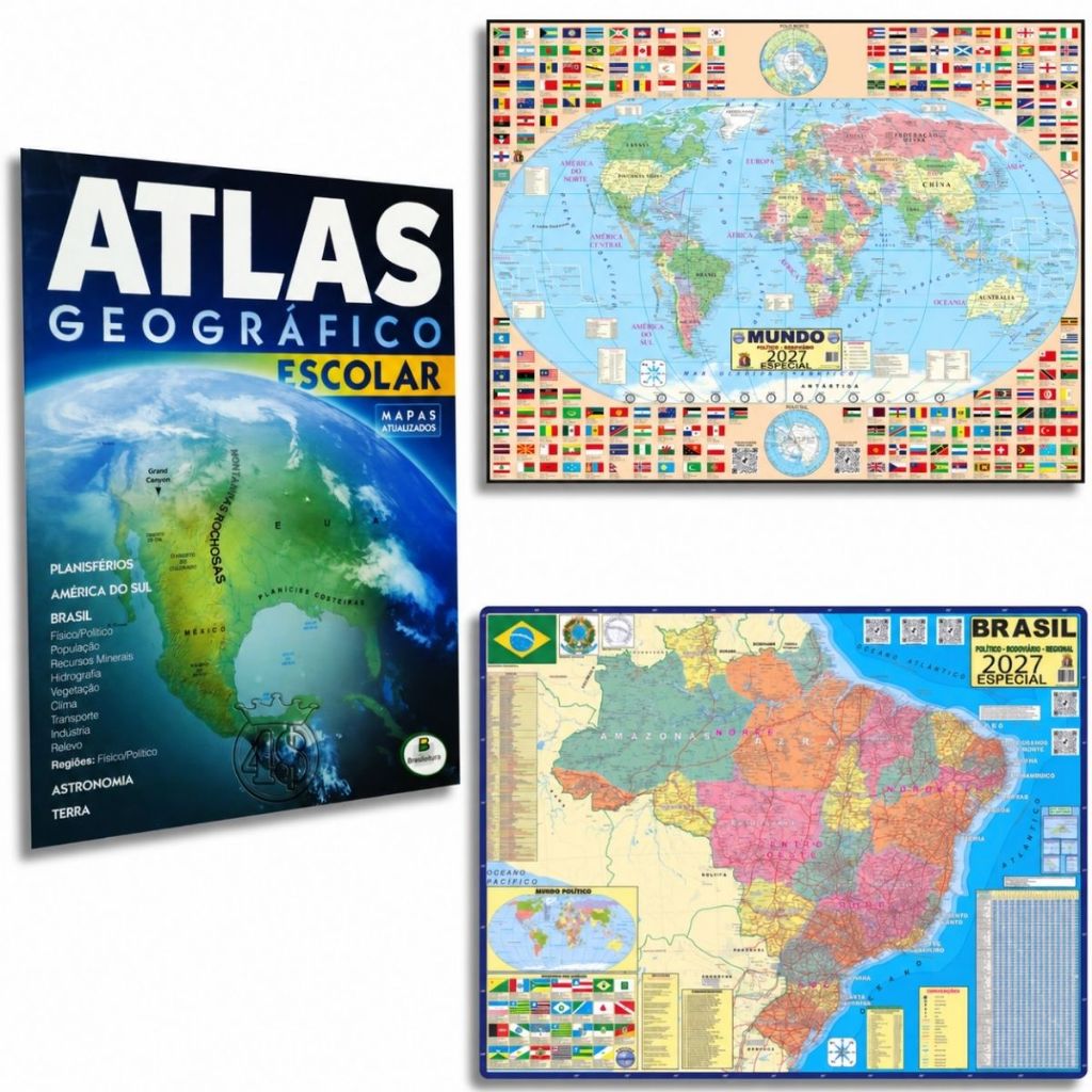 Mapa Mundi Brasil Atlas Escolar Rodoviário Politico Geografia material livro poster mapa atual