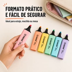Kit Marca Texto 6 Cores Pastel Ponta Chanfrada para Escola Faculdade e Escritório