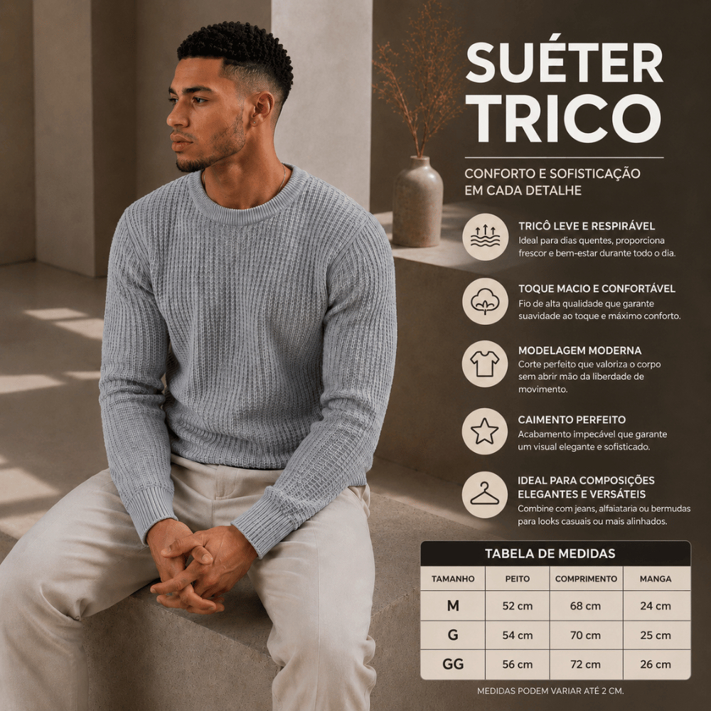 Suéter Masculino Tricô Premium Gola Redonda Manga Longa Inverno Blusa de Frio