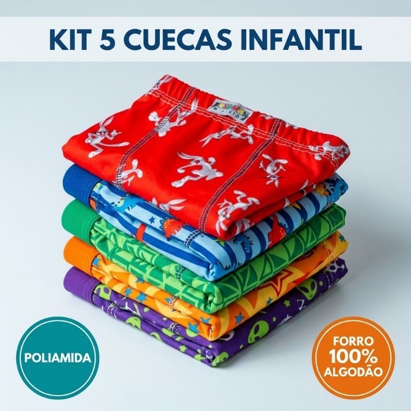 Kit 5 Cuecas Infantil Boxer em Poliamida Estampada – Com Forro 100% Algodão