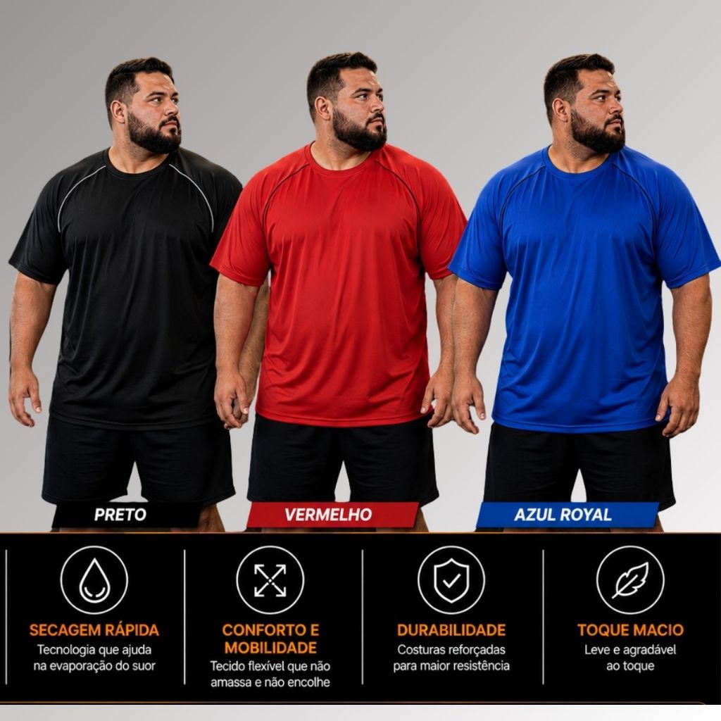 Kit3 Camisetas Camisas Tam Extra-Plus G1-G3 Dry Fit Lisa Basica Masculina  Casual - Academia - Esportes - Football