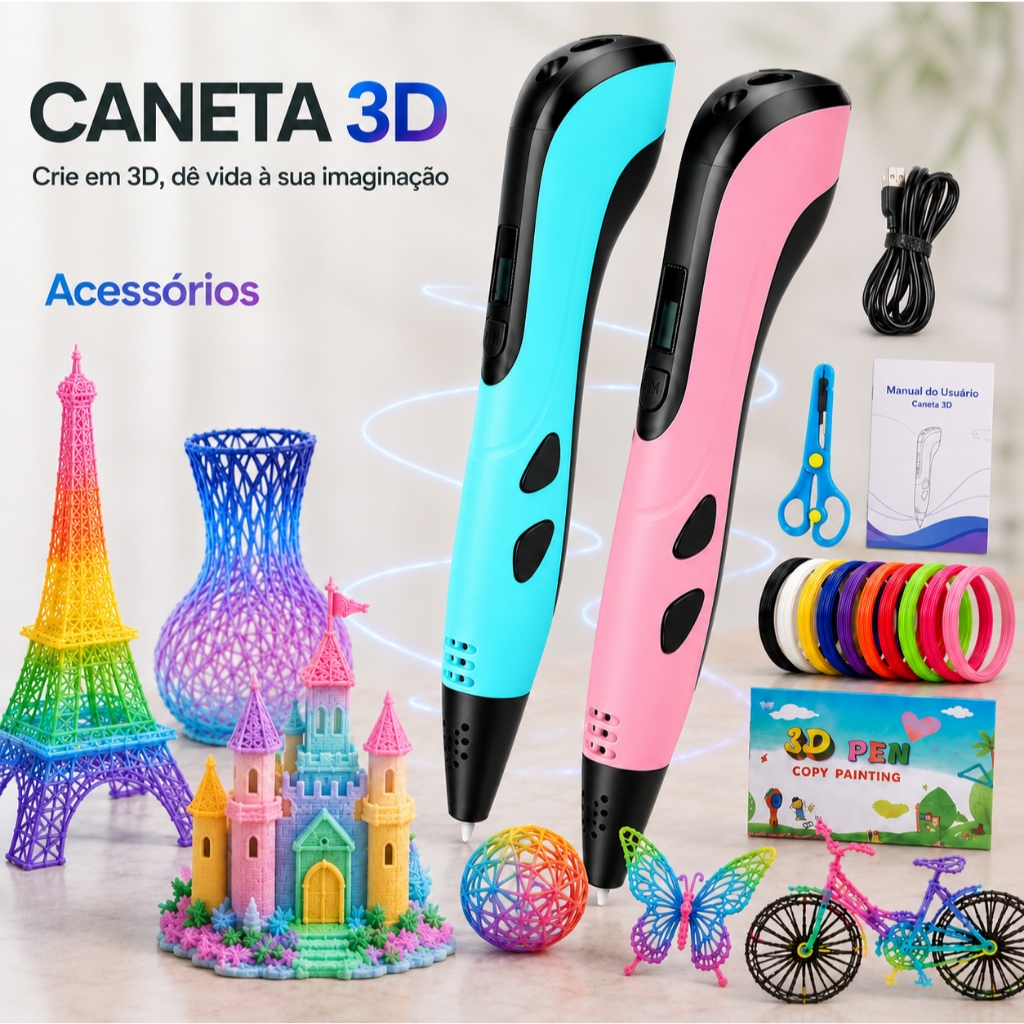 Kit Caneta 3D Impressora Mágica, 10 Refis Filamento Colorido 30m, Brinquedo Educativo para Crianças e Desenho