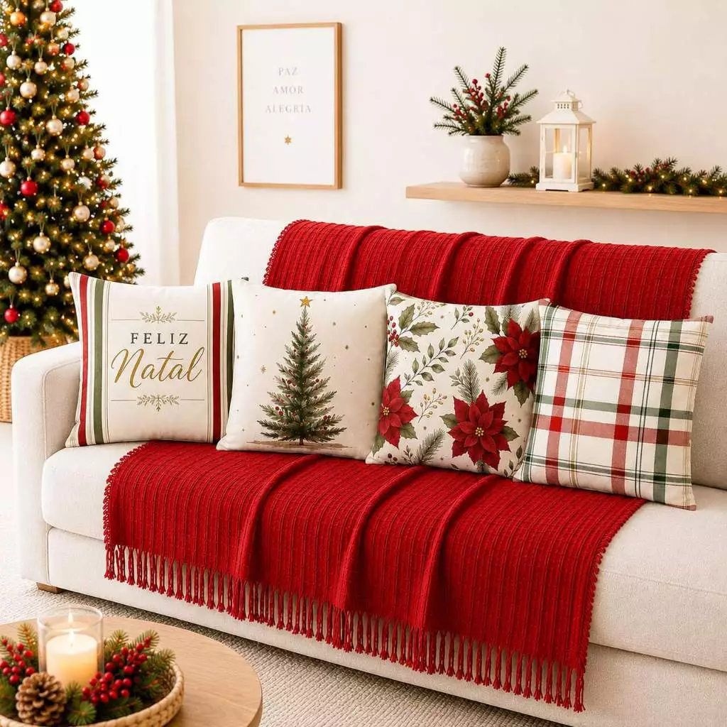 Kit Manta Decorativa 1,40x1,70 + 4 Capas de Almofada Natal 43x43 para Sala e Sofá Decoração Natalina