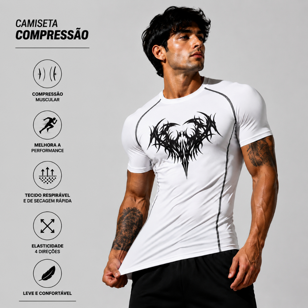 Camiseta De Compressao Masculina Treino Academia Gym Gotic Punk Rock Hear Espinhos Musculação