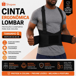 Cinta de Proteção Ergonômica Lombar Preta Tamanho G – Veste 44 ao 46