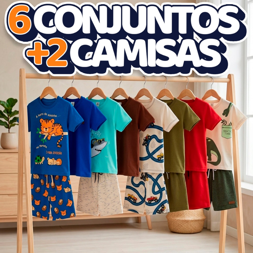 Box Verão Menino - 2 Conjuntos Curto Estampados + 2 Conjuntos Monocromático + 2 Conjuntos Pijama Curto + 2 Camisas Básic