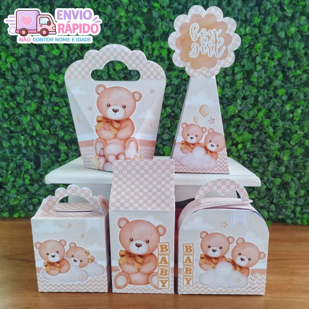 Kit Caixinhas Chá Revelação Chá de Bebê Ursinho Dourado Lembrancinhas para Festa Infantil e Aniversário
