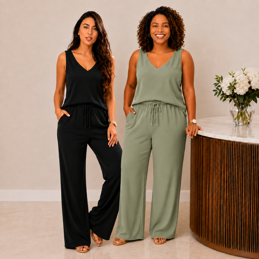Conjunto Feminino M ao G3 Plus Size Elegante Social Calça Pantalona + Regata Decote V Estilosa