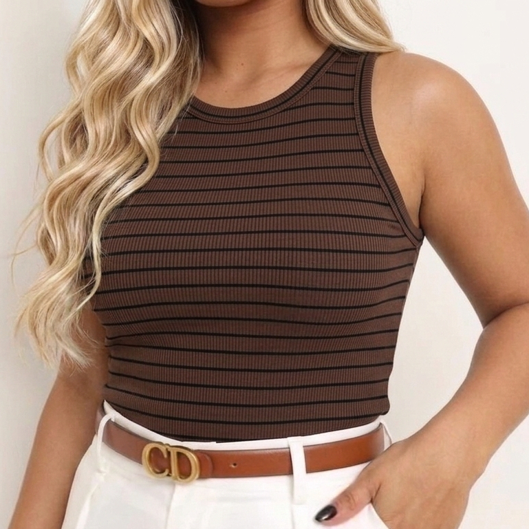 Regata Feminina Blusa Listrada e Lisa Americana Canelado / Tendência Verão