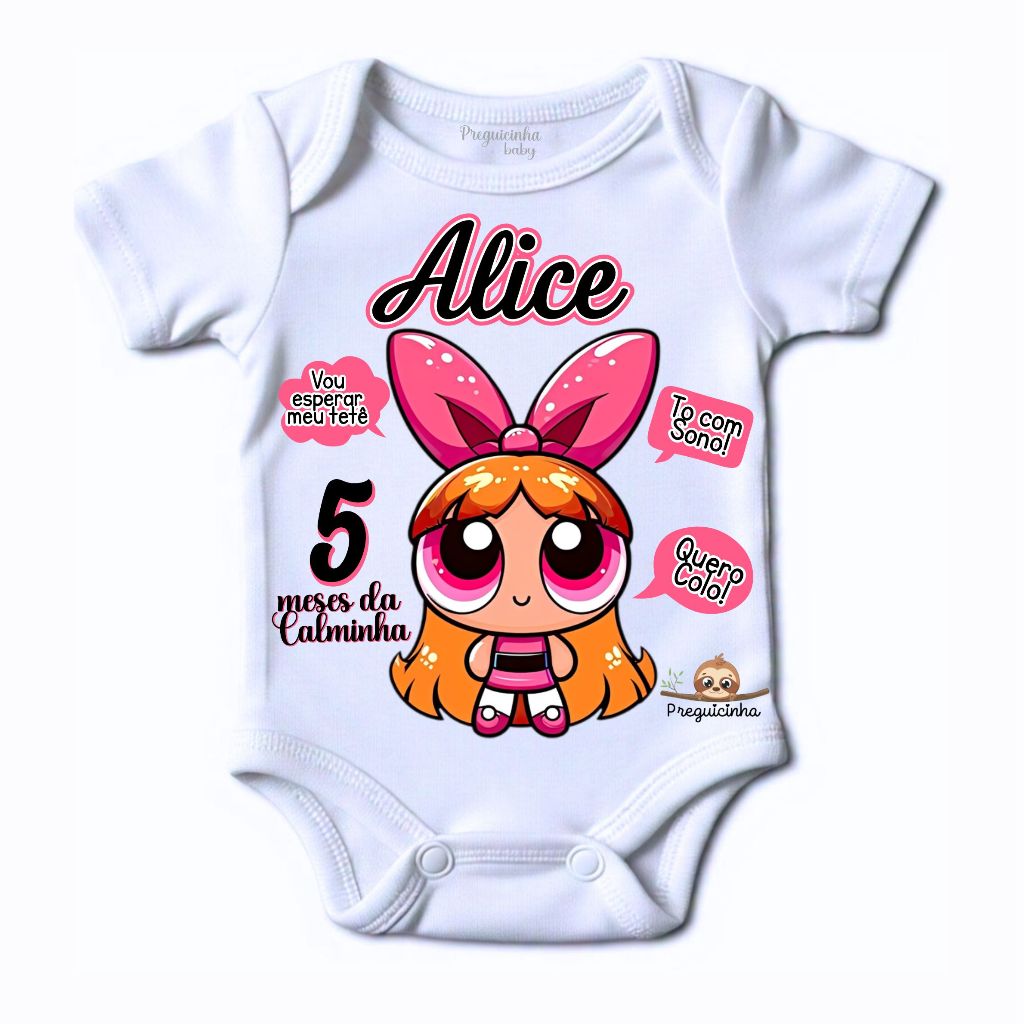 Body de Bebê Tematico Super poderosas Florzinha Lindinha Docinha com nome e mesversario