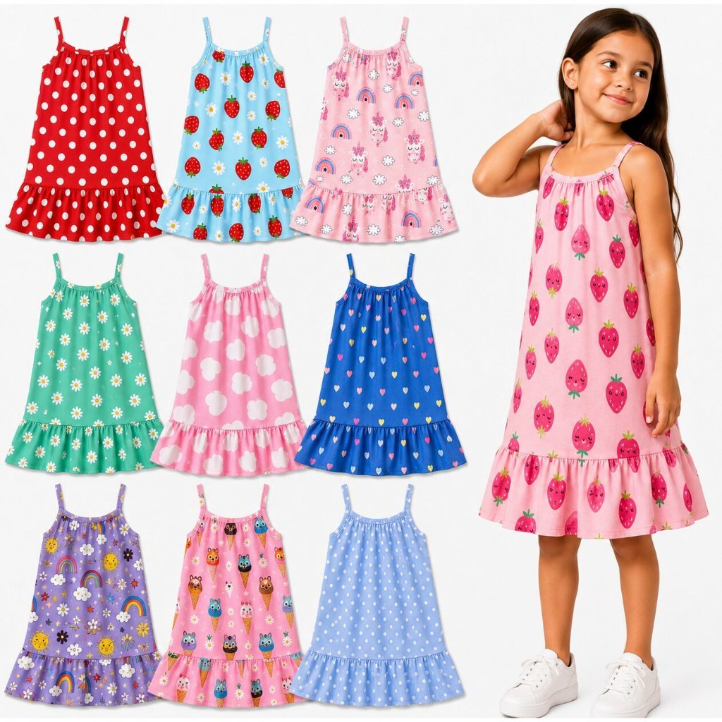 Kit 2 ou 3 Vestido Infantil Menina Alça Babado Verão Estampado Tamanho 1 ao 8 Anos Roupa Festa Casual Confortável Praia