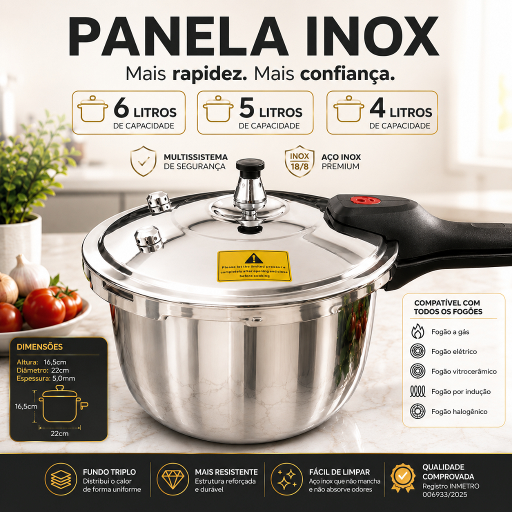 Panela Pressao Inox Capacidade 6 Litros Compatível Fogao Gas Eletrico Vitroceramico Inducao cozinha