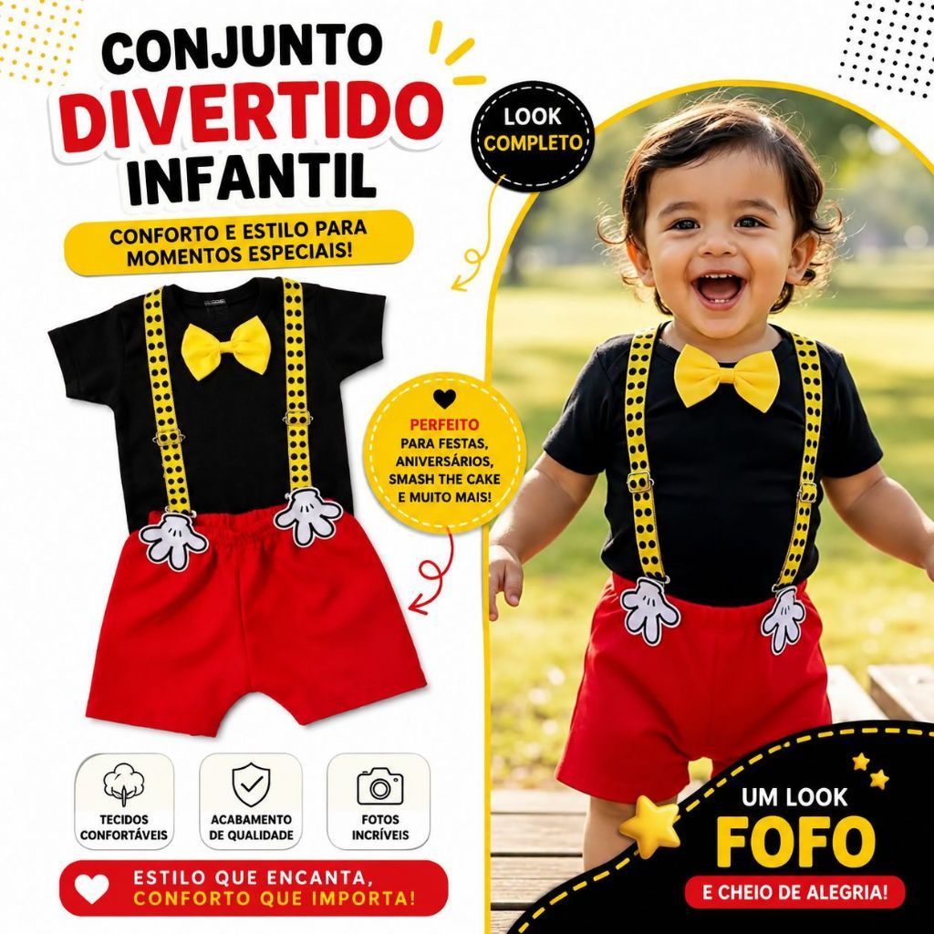 Conjunto Infantil Menino Temático Divertido Camiseta Short Suspensório Gravata Festa Mickey Aniversário Fantasia