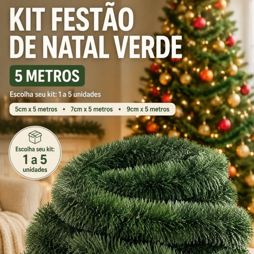 Kit Festão Natalino 5 Metros Verde para Árvore de Natal Decoração de Casa Enfeite Natalino Festas e Guirlandas