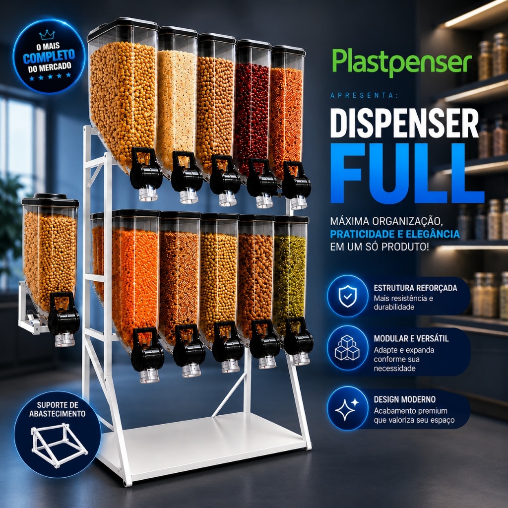 Porta Ração Dispenser Expositor 10 Módulos 35L 15kg Cada 150kg Total para Grãos e Cereais