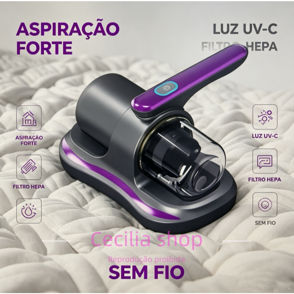 Aspirador de Pó Portátil Sem Fio Escova Removedor de Ácaro Recarregável USB