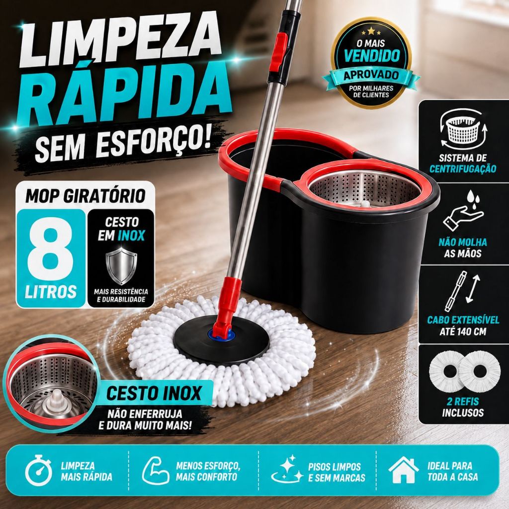 Mop Giratório 8 Litros com Balde Centrífuga Inox Cabo Ajustável 140cm + 2 Refis de Microfibra