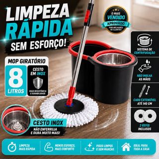 Mop Giratório 8 Litros com Balde Centrífuga Inox Cabo Ajustável 140cm + 2 Refis de Microfibra