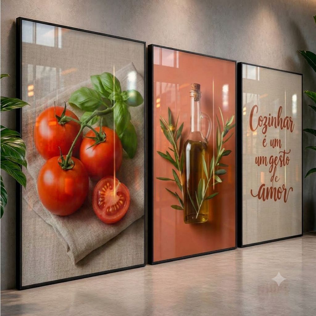Trio Quadros Decorativos Temperos Cozinha Tomate Minimalista
