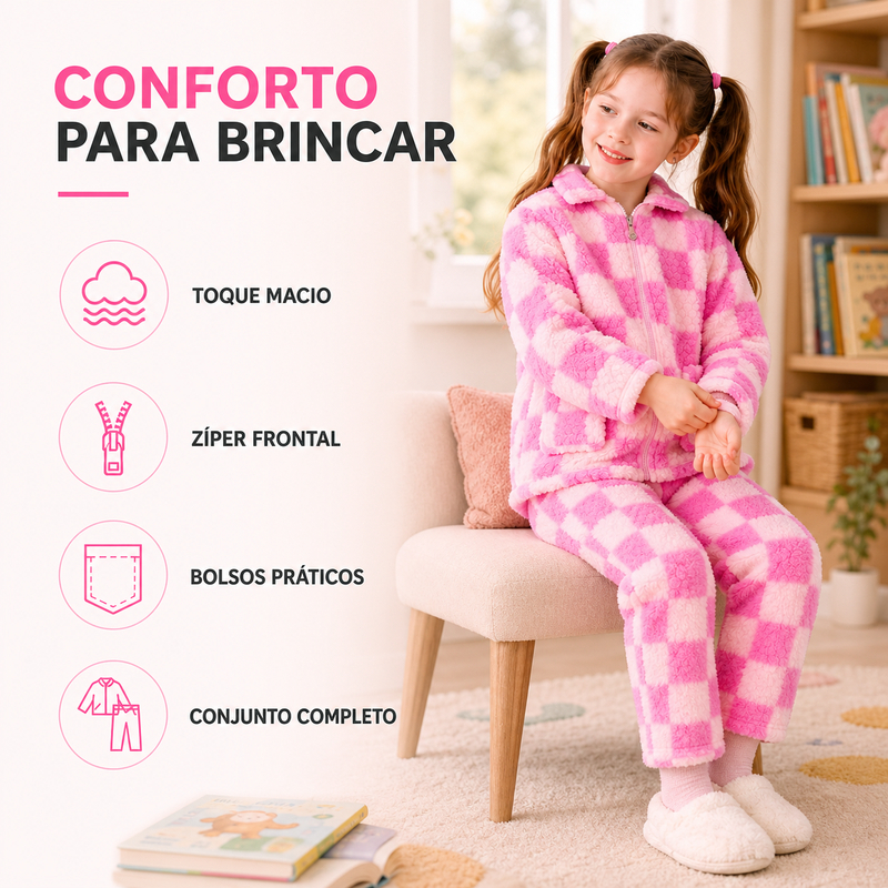 Pijama Infantil Feminino Inverno Soft Peluciado Xadrez – Conjunto Quentinho e Confortável Moda Infantil