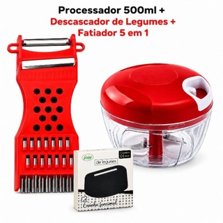 Kit Cozinha 3 Peças Processador Manual 500ml 3 Lâminas Fatiador 5 em 1 Descascador de Legumes Prático Completo Utilidade