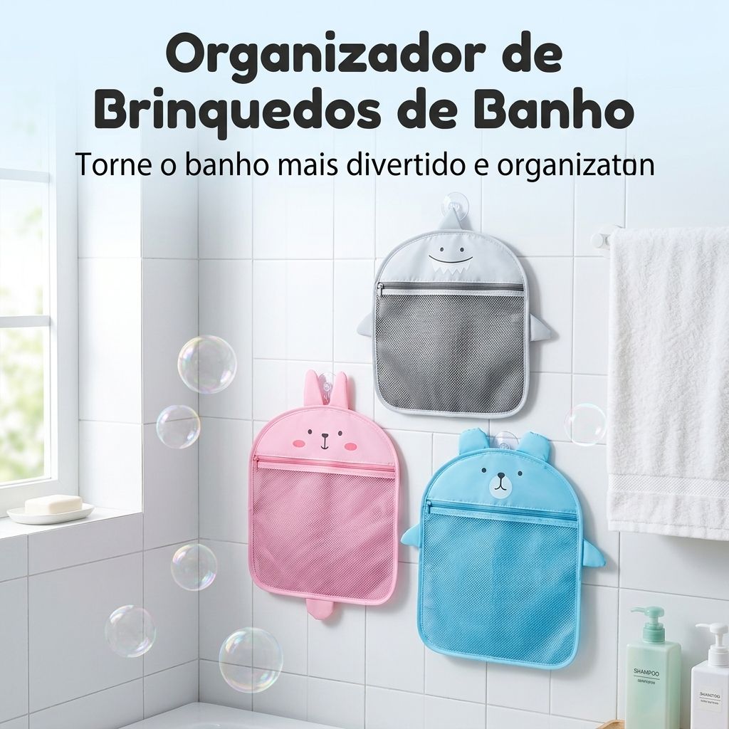 Organizador de Banho Infantil com Ventosa 39x34cm em Tela para Brinquedos Shampoo Banheiro Parede