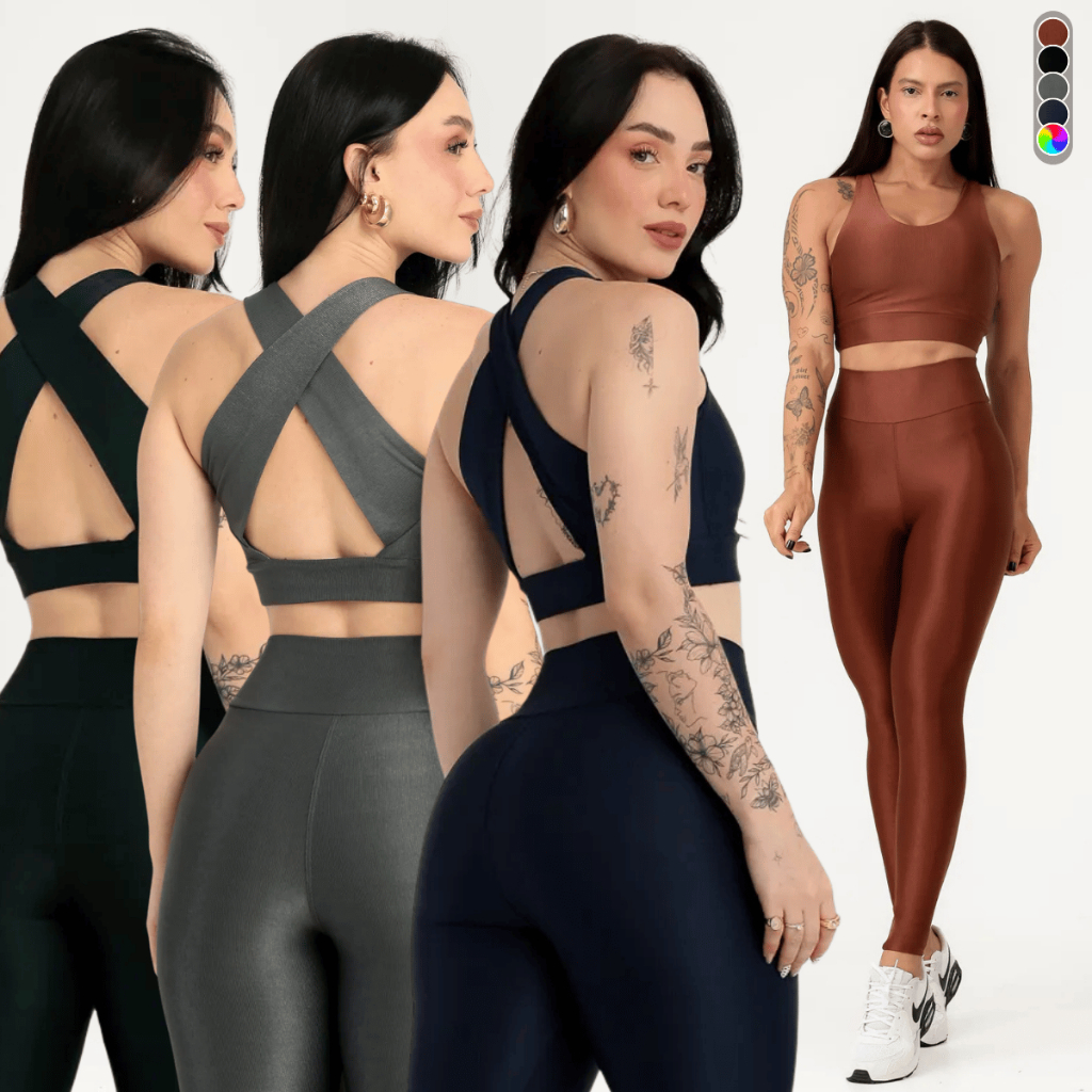 Conjunto Fitness Canelado Poliamida Calça Legging Top Feminino Zero Transparência Roupa Academia