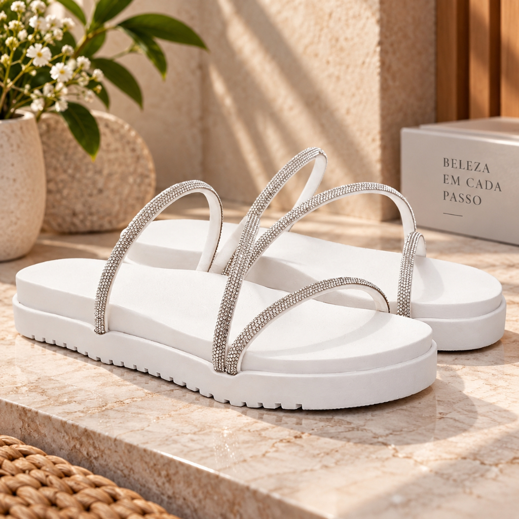 Papete Feminina Strass Sandália Flatform Plataforma Confortável Pedraria Brilho Elegante Festa Passeio