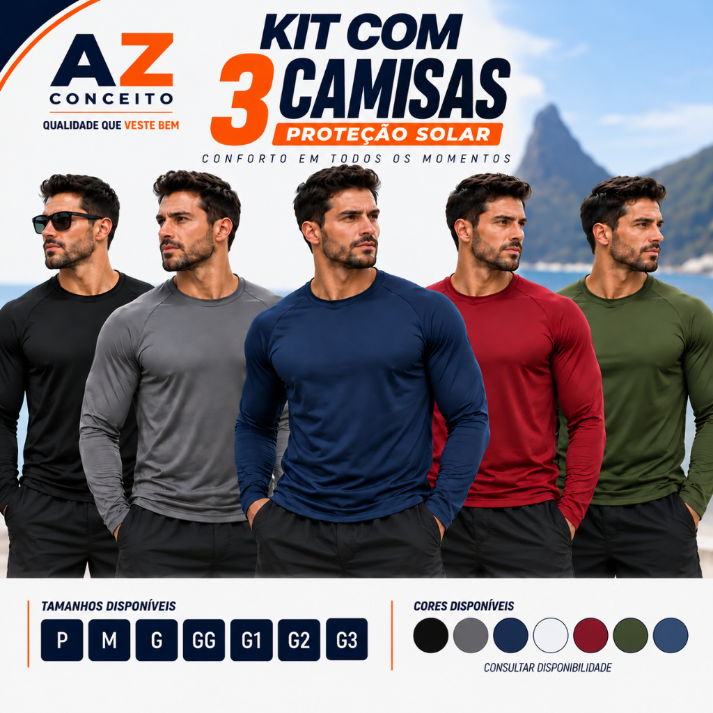 Kit 3 Camiseta UV Proteção Solar Uv50 Segunda Pele Praia Verão Todos os Tamanhos P ao G3