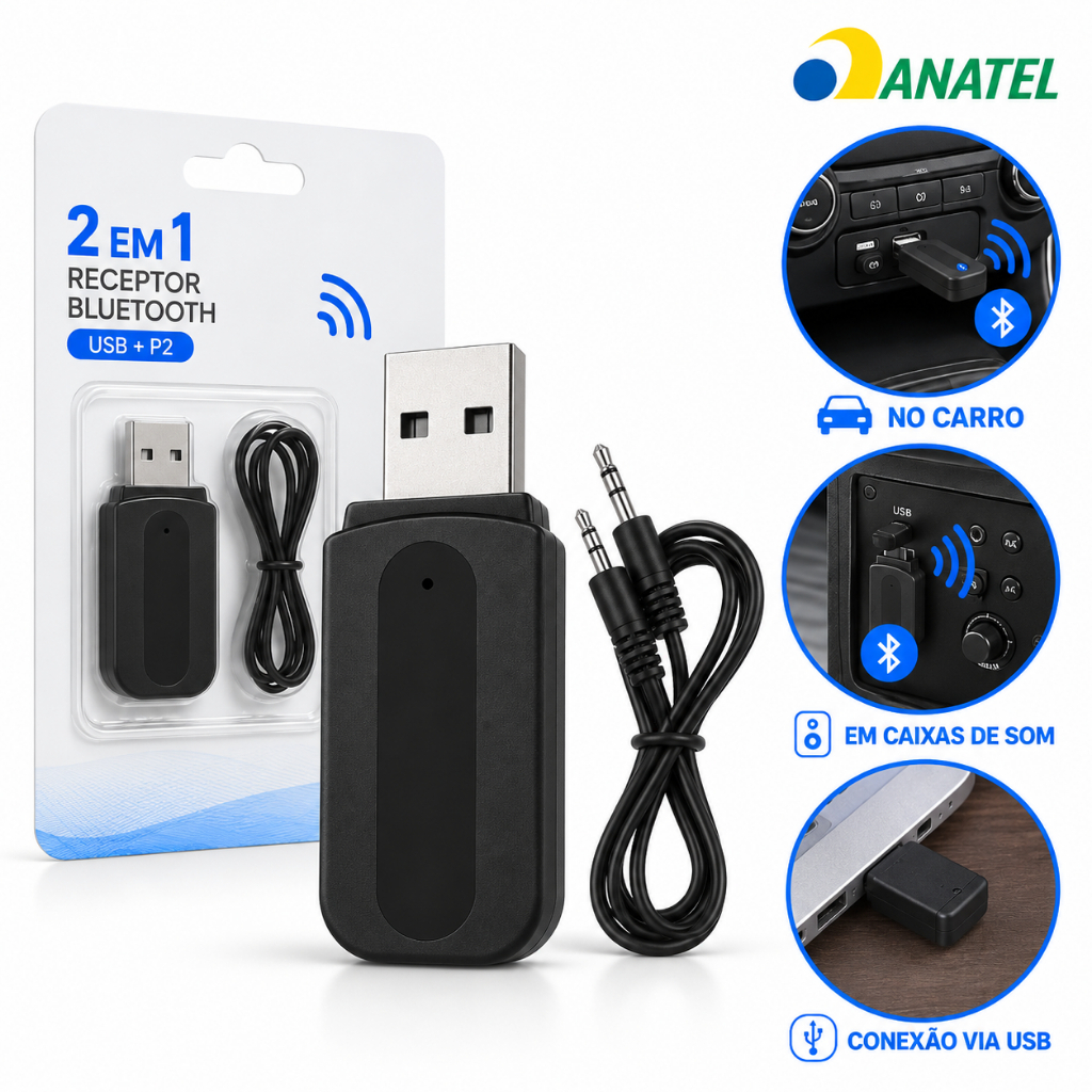 Adaptador Receptor Bluetooth USB P2 Para Carro Caixa De Som Altomex