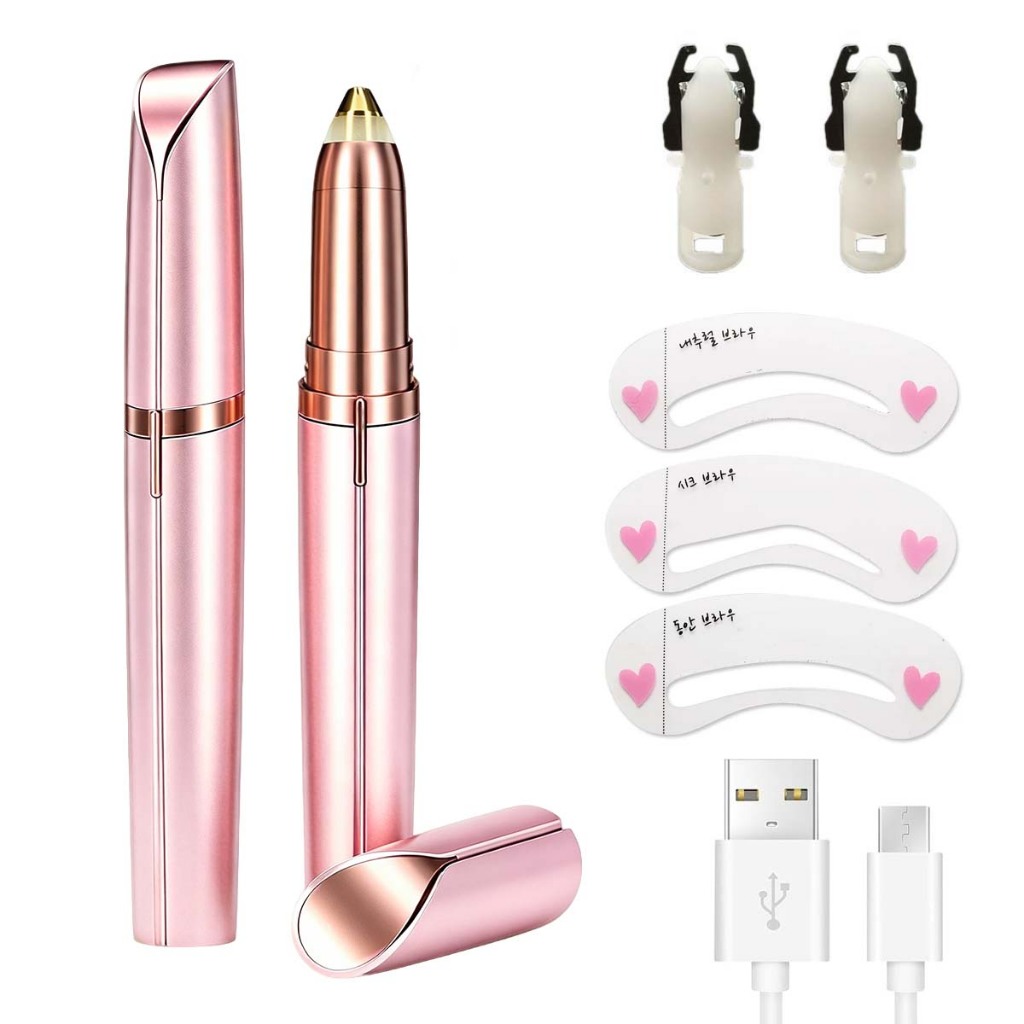 Kit Caneta Depiladora Sobrancelha, Nariz e Buço Elétrica USB, com moldes para sobrancelha e peças de reposição