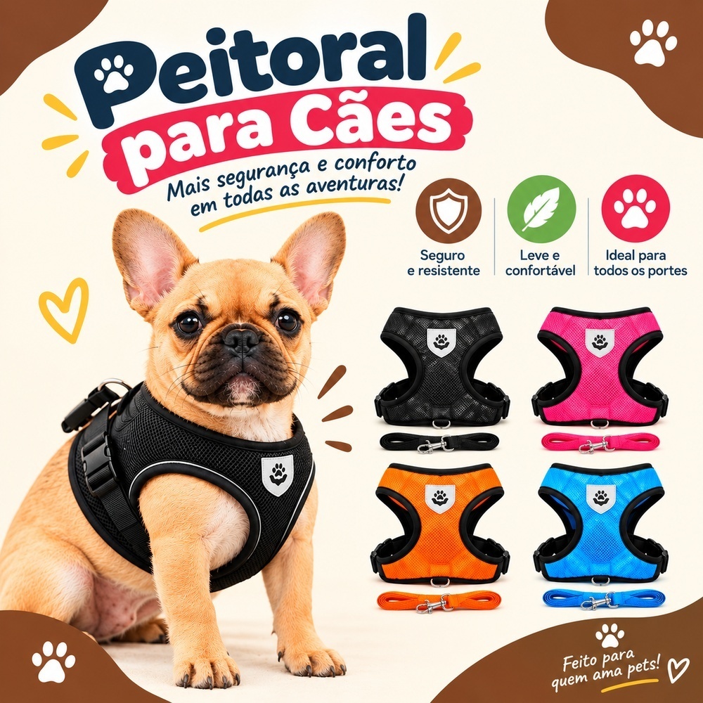 Peitoral Cachorro com Guia Coleira Peitoral Ajustável Passeio Pet Cães Gatos Pequenos Médios Grandes