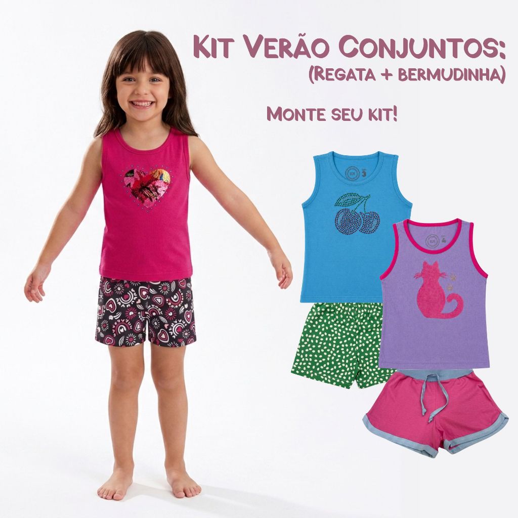 Kit Conjuntos Verão Menina Regata + Bermuda 1 a 4 anos Feminino Confortável Sortido