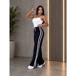 Calça Feminina Wide Leg com Listras Laterais – Conforto, Estilo e Versatilidade