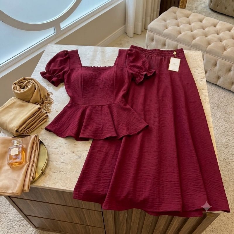 Conjunto Feminino Blusa Peplum Elastex E Saia Midi Longuete Moda Evangélica Elegante Com Forro Tecido Duna