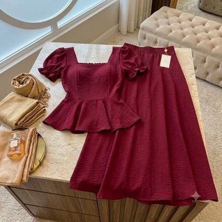 Conjunto Feminino Blusa Peplum Elastex E Saia Midi Longuete Moda Evangélica Elegante Com Forro Tecido Duna