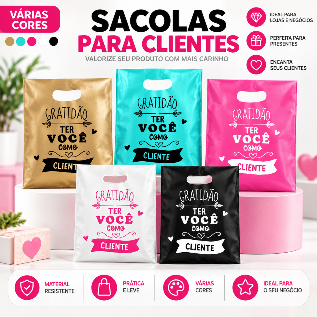 50 Sacola Boca de Palhaço com Frase Gratidão ter Você como Cliente Sacolinha alça vazada para lojas