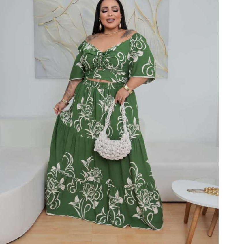 Conjunto Plus Size Feminino Saia Longa + Cropped Estampado | Cintura com Elastico Tecido Leve Elegante