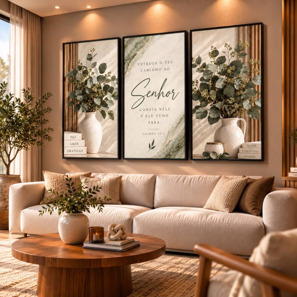 Quadros Decorativos Sala Kit 3 Peças Salmos 37:5 Folhagem Verde Frase Deus Fé Moderno Elegante — imagem 2 de 2