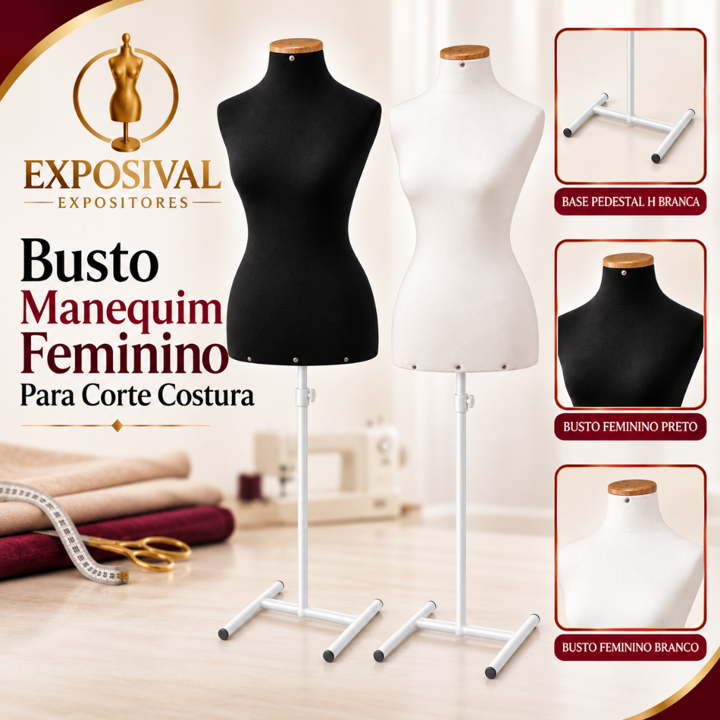 Busto Manequim Feminino Adulto Costura Confecção Base Pedestal H Branco Vitrine