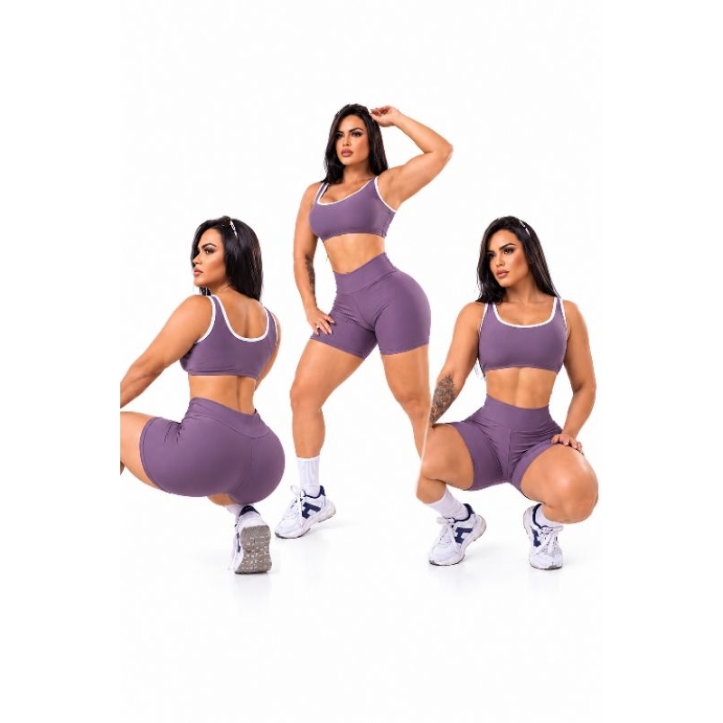 Conjunto Fitness Feminino Top e shorts Academia Treino Alta Compressão 92% Poliéster 8% Elastano zero transparência